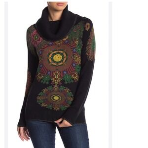 Desigual Helena Sweater Black Multicolor Geometric Print Cowl Neck Long Sleeve M